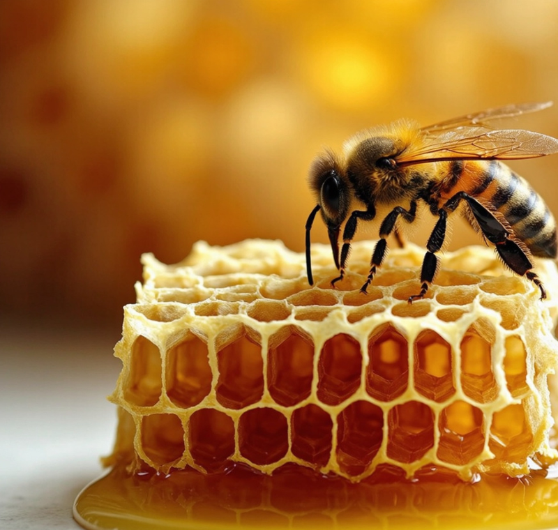 Close-up of natural honeycomb with dripping raw honey