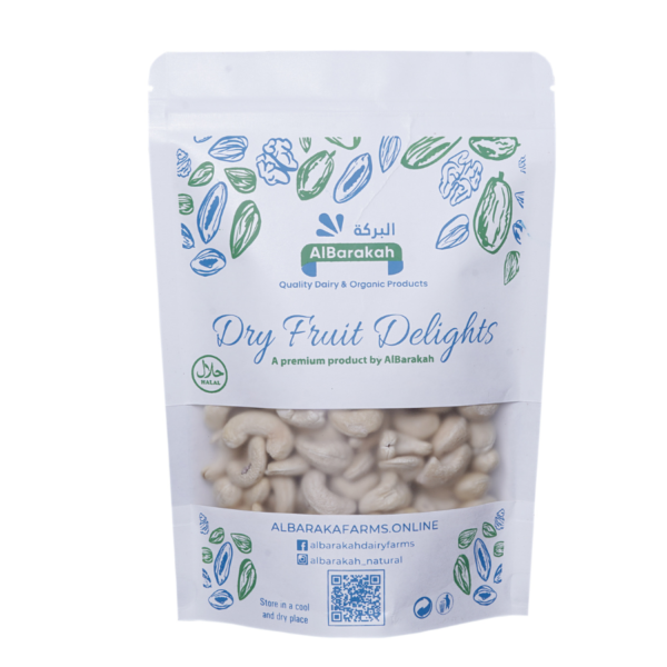 Natural plain cashew nuts without salt in premium packaging