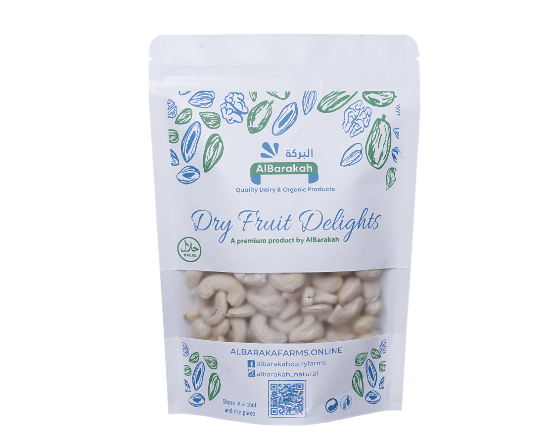 Natural plain cashew nuts without salt in premium packaging