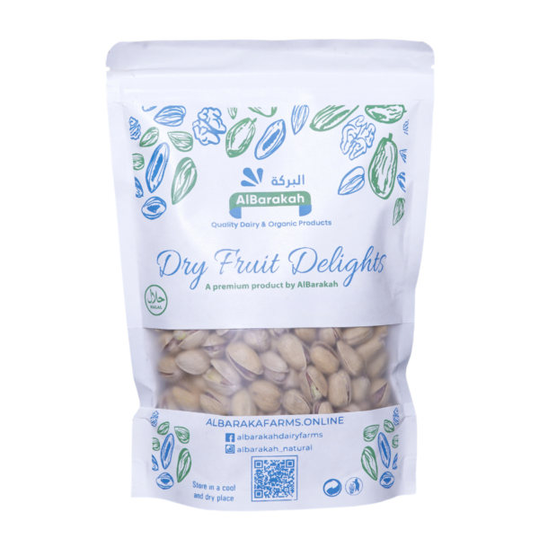 Premium whole pistachios with shell in 250gm and 500gm packaging