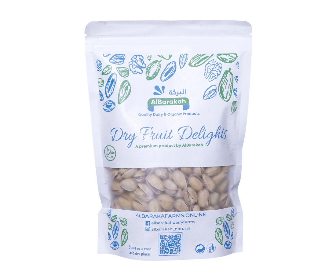 Premium whole pistachios with shell in 250gm and 500gm packaging